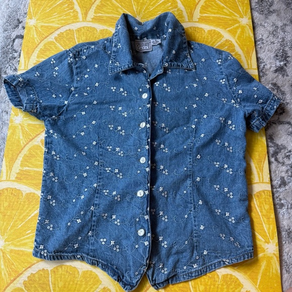 Vintage 90s Embroidered Denim Top - Picture 1 of 7
